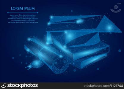 Abstract mash line and point graduation cap, books and diploma. Polygonal E-learning distant graduate certificate program concept. Low poly course degree vector illustration