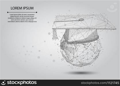 Abstract mash line and point graduation cap on planet Earth. Low poly E-learning distance graduate certificate program concept. Internet education course degree vector illustration