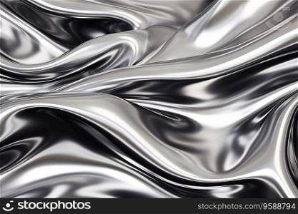 Abstract metallic background texture features a closeup of a shiny silver fabric with glittery chrome highlights. Generative AI