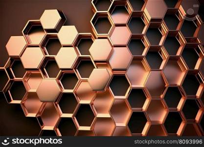 Abstract metallic rose gold polygonal mosaic background. Luxury design with hexagon pattern. AI. Abstract rose gold luxury polygonal mosaic background with hexagon pattern. AI
