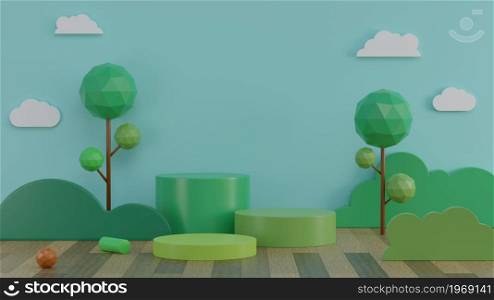 Abstract minimal kid display green mockup pedestal showcase podium stage with trees and wooden plank floor for product presentation 3D rendering illustration