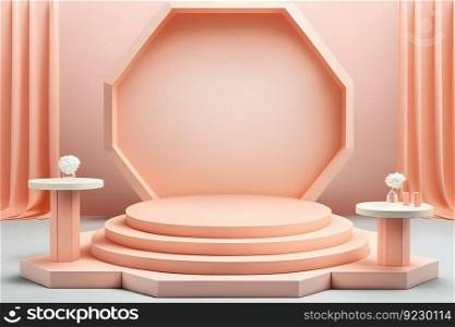 Abstract minimal scene - empty stage, cylinder podium and circle shape on pink background. Neural network AI generated art. Abstract minimal scene - empty stage, cylinder podium and circle shape on pink background. Neural network AI generated