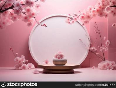 Abstract minimal scene with geometric forms. cylinder podium in pink background with pink sakura flower. product presentation, mockup, show product, podium, stage pedestal or platform. AI Generative.