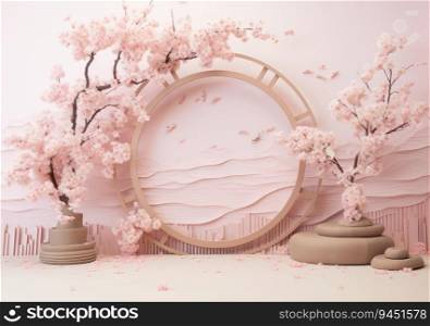 Abstract minimal scene with geometric forms. cylinder podium in pink background with pink sakura flower. product presentation, mockup, show product, podium, stage pedestal or platform. AI Generative.