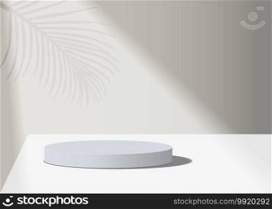 abstract minimal scene with geometric forms. cylinder white podium in white background with leaves. product presentation, mock up, show cosmetic product, Podium, stage