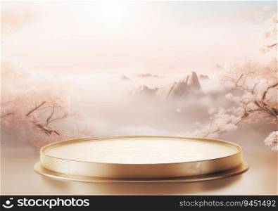 Abstract minimal scene with geometric forms. gold cylinder podium in pink background with pink sakura flower. product presentation, mockup, show product, podium, stage pedestal or platform. AI Generative