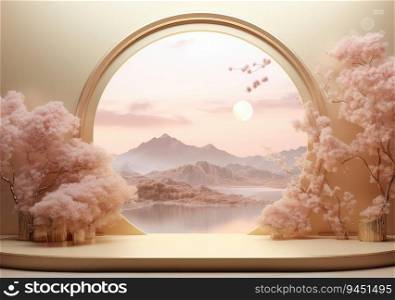 Abstract minimal scene with geometric forms. gold cylinder podium in pink background with pink sakura flower. product presentation, mockup, show product, podium, stage pedestal or platform. AI Generative