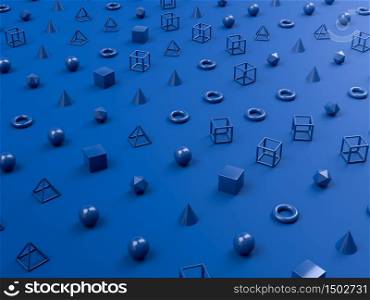 Abstract minimalism background with blue geometric shapes o blue background. 3D rendered illustration background or backdrop. Abstract minimalism background with blue geometric shapes o blue background. 3D render illustration background or backdrop
