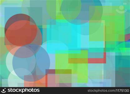 Abstract minimalist green blue red illustration with circles squares useful as a background. Abstract green blue red circles squares illustration background