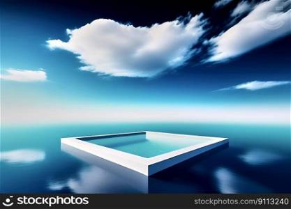 Abstract minimalist rendering of a white frame floating on a blurred water surface under a blue sky with clouds, made with generative ai
