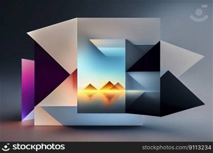 Abstract minimalist rendering of an∫ricately cut frame featuring pyramids ref≤cted in a lake, made with≥≠rative ai