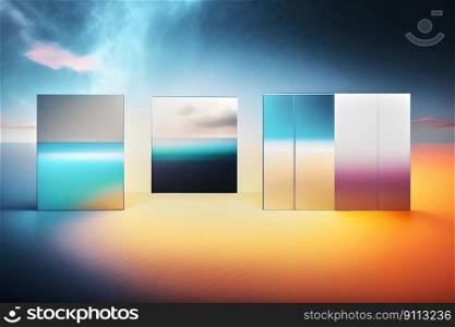 Abstract minimalist rendering of floating frames with surreal color gradient images on an orange surface against a blue sky with veil clouds, made with generative ai