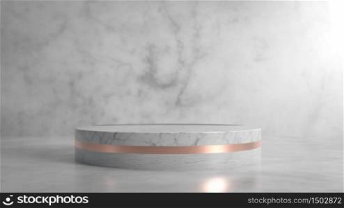 Abstract minimalist scene with round marble and copper stage, podium or pedestal in marble interior. Perfect image for fashion, clothes or cosmetics. Place your object or product on pedestal. 3d illustration. Minimalism style. Abstract minimalist scene with round marble and copper stage, podium or pedestal in marble interior. Perfect image for fashion, clothes or cosmetics. Place your object or product on pedestal. 3d render. Minimalism style