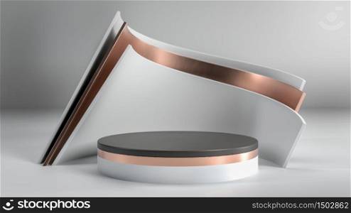 Abstract minimalistic scene with black,white and golden podium, stage or pedestal in white studio. Perfect image for fashion, clothes or cosmetics. Place your object or product on pedestal. 3d illustration. Abstract minimalistic scene with black,white and golden podium, stage or pedestal in white studio. Perfect image for fashion, clothes or cosmetics. Place your object or product on pedestal. 3d render