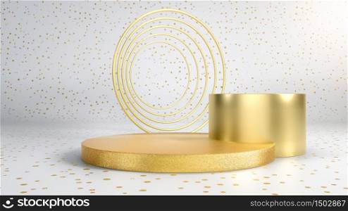 Abstract minimalistic scene with golden podium, stage or pedestal with golden rings in white studio. Perfect image for fashion, clothes or cosmetics. Place your object or product on pedestal. 3d render. Minimalism style. Abstract minimalistic scene with golden podium, stage or pedestal with golden rings in white studio. Perfect image for fashion, clothes or cosmetics. Place your object or product on pedestal. 3d illustration. Minimalism style