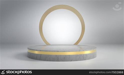 Abstract minimalistic scene with marble round stage, podium or pedestal and golden rings over white interior. 3d illustration. Perfect image for fashion, clothes or cosmetics. Place your object or product on pedestal. Minimalism style. Abstract minimalistic scene with marble round stage, podium or pedestal and golden rings over white interior. 3d render. Perfect image for fashion, clothes or cosmetics. Place your object or product on pedestal. Minimalism style