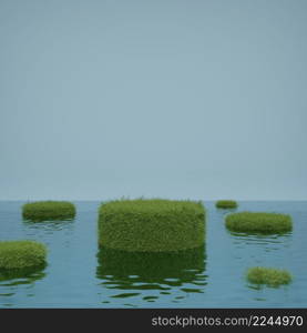 Abstract mock up cylindrical natural fresh green grass podium stage on surface of water 3D rendering illustration