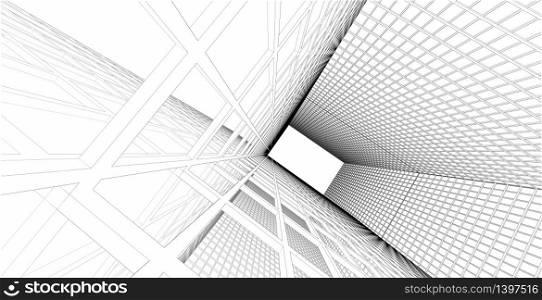 Abstract modern architectural structure glass wall in a square structure, 3D illustration