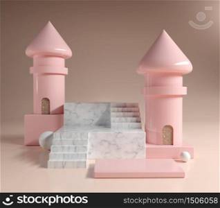 Abstract modern marble platforme podium background for show products and cosmetics with soft pink color pastel fashion design concept with double pink towers, 3d illustration