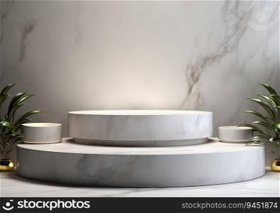 abstract modern minimal background with cobblestones on the wet floor. Trendy showcase with golden round frame and empty platform for product displaying. AI Generative