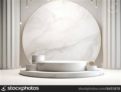 abstract modern minimal background with cobblestones on the wet floor. Trendy showcase with golden round frame and empty platform for product displaying. AI Generative