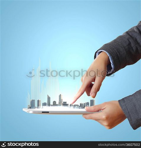 Abstract modern technological digital city illustration with a computer device