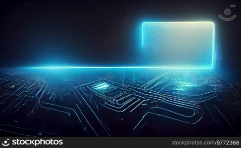 abstract motherboard and circuit background with blue neaon lights and copy space. abstract motherboard and circuit background