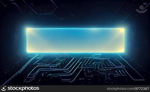 abstract motherboard and circuit background with blue neaon lights and copy space on display. abstract motherboard and circuit background