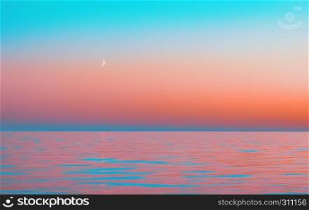 Abstract motion blurred pink and turquoise background. The moon and rose sky reflected in the calm waters of Lake Onega during the White Nights.. Abstract Motion Blurred Pink Sea Background