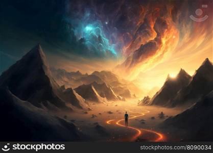 Abstract mystical small silhouette against fairytale night epic sky in blue and orange tones. Neural network AI generated art. Abstract mystical small silhouette against fairytale night epic sky in blue and orange tones. Neural network generated art