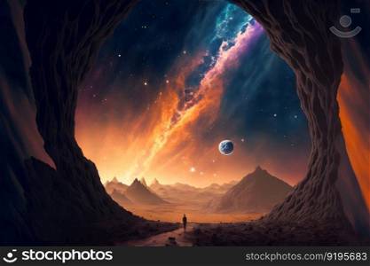 Abstract mystical small silhouette against fairytale night epic sky in blue and orange tones. Neural network AI generated art. Abstract mystical small silhouette against fairytale night epic sky in blue and orange tones. Neural network generated art