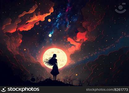 Abstract mystical woman silhouette against fairytale night epic sky in blue and orange tones. Neural network AI generated art. Abstract mystical woman silhouette against fairytale night epic sky in blue and orange tones. Neural network generated art