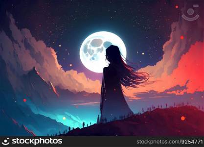Abstract mystical woman silhouette against fairytale night epic sky in blue and orange tones. Neural network AI generated art. Abstract mystical woman silhouette against fairytale night epic sky in blue and orange tones. Neural network generated art