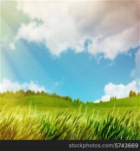 Abstract natural backgrounds with green meadow under bright summer sun