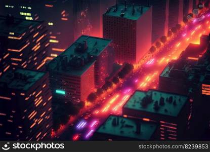 Abstract neon city aerial view. Technology concept of night cityscape with blue lights in synthwave style. Generated AI. Abstract neon city aerial view. Technology concept of night cityscape with blue lights in synthwave style. Generated AI.