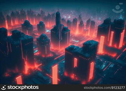 Abstract neon city aerial view. Technology concept of night cityscape with blue lights in synthwave style. Generated AI