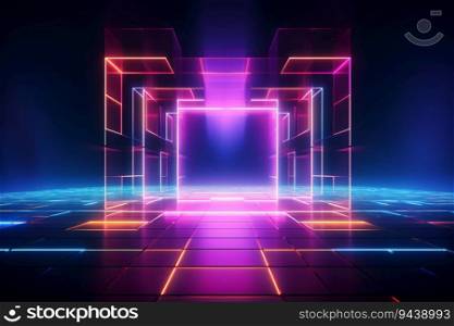 Abstract neon light geometric background. Glowing neon lines. Empty futuristic stage laser. Colorful rectangular laser lines. Square tunnel. Night club empty room. Laser show design. Generative AI.