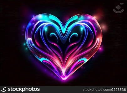 Abstract Neon love heart shape illustration. AI generative.