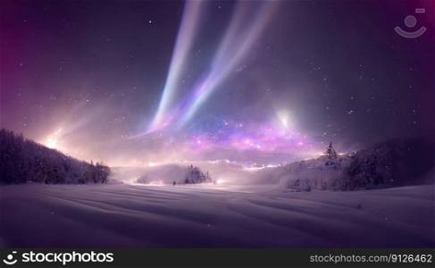 Abstract of aurora in fantastic forest with magical purple light. Concept of polar scape with mountain and river Scandinavian on northern pole. Finest generative AI.. Abstract of aurora in fantastic forest with purple light in Scandinavian.