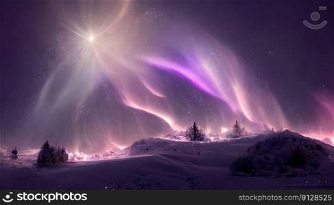 Abstract of aurora in fantastic forest with magical purple light. Concept of polar scape with mountain and river Scandinavian on northern pole. Finest generative AI.. Abstract of aurora in fantastic forest with purple light in Scandinavian.