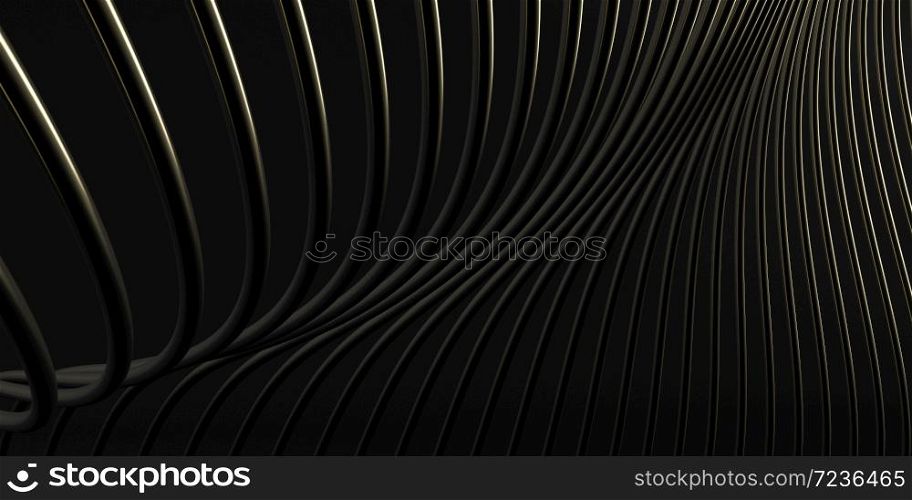 Abstract of black space, golden twisted shape, architecture details,Perspective of future building design. 3D rendering.