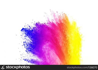 Abstract of colored powder explosion on white background. Multicolor powder splatted isolate. Colorful cloud. Colorful dust explode. Paint Holi.