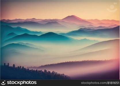 Abstract of colorful mountains in the sun light of dawn or dusk environment. Concept of beautiful pastel misty and fog background in the forest landscape. Finest generative AI.. Abstract of colorful mountains in the sun light of dawn or dusk environment.