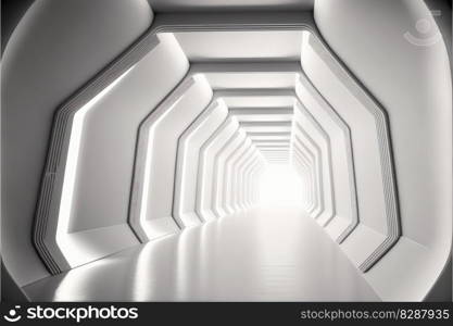 Abstract of futuristic scifi tunnel corridor with white light background. Concept of modern interior spaceship design. Finest generative AI.. Abstract of futuristic scifi tunnel corridor with white light background.