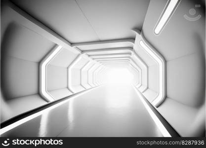 Abstract of futuristic scifi tunnel corridor with white light background. Concept of modern interior spaceship design. Finest generative AI.. Abstract of futuristic scifi tunnel corridor with white light background.