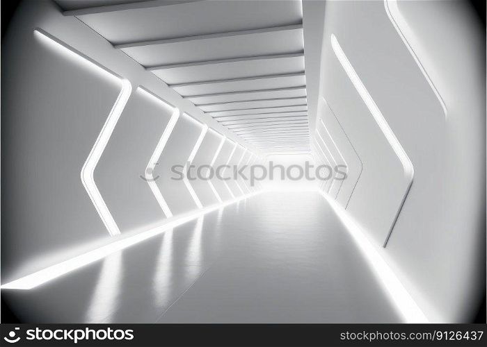 Abstract of futuristic scifi tunnel corridor with white light background. Concept of modern interior spaceship design. Finest generative AI.. Abstract of futuristic scifi tunnel corridor with white light background.