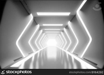 Abstract of futuristic scifi tunnel corridor with white light background. Concept of modern interior spaceship design. Finest generative AI.. Abstract of futuristic scifi tunnel corridor with white light background.