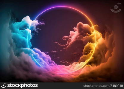 Abstract of glowing clouds circle frame illuminated with neon light on darkness sky view. Concept of futuristic minimal geometric shape in paradise. Finest generative AI.. Abstract of glowing clouds circle frame illuminated with neon light on sky view.