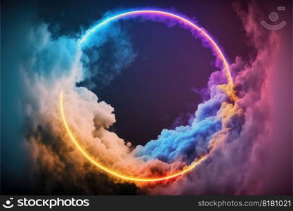 Abstract of glowing clouds circle frame illuminated with neon light on darkness sky view. Concept of futuristic minimal geometric shape in paradise. Finest generative AI.. Abstract of glowing clouds circle frame illuminated with neon light on sky view.