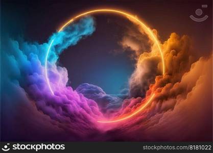 Abstract of glowing clouds circle frame illuminated with neon light on darkness sky view. Concept of futuristic minimal geometric shape in paradise. Finest generative AI.. Abstract of glowing clouds circle frame illuminated with neon light on sky view.